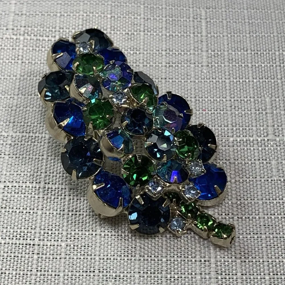 Vintage Brooch Blue Green Rhinestone Silver Tone 2” Jewelry Fashion Leaf Pin
